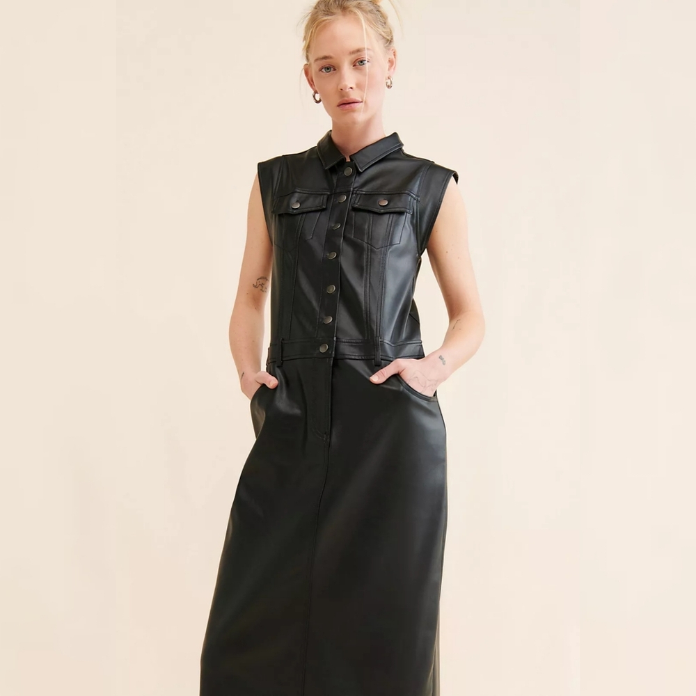 Free People Danni Vegan Leather‎ Midi Dress In Black Women's Size XL